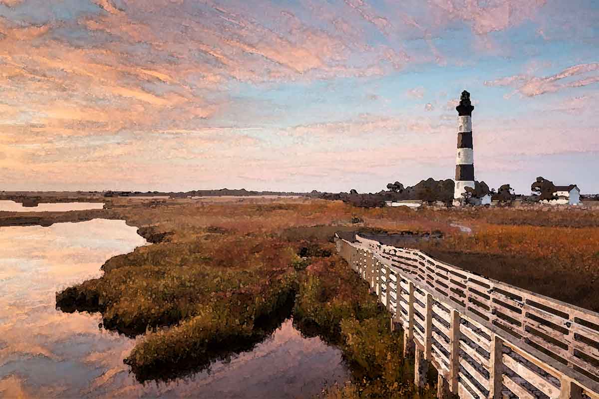 Bodie Island Lighthouse at sunrise, Outer Banks – a symbol of resilience and guidance.